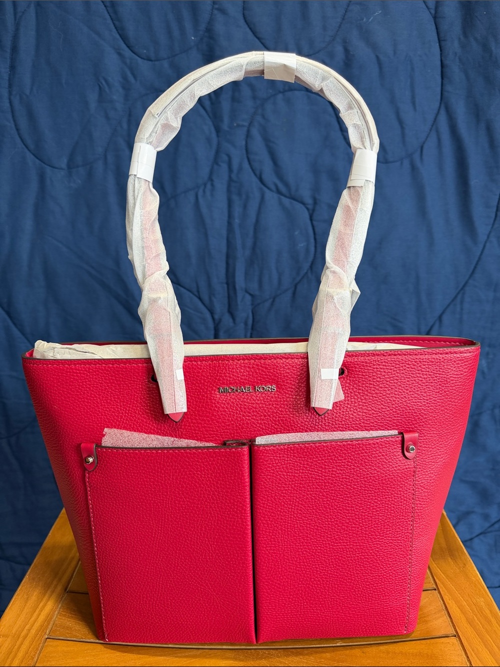 Michael Kors Hot Pink Pebbled Leather Tote with Front Pockets New